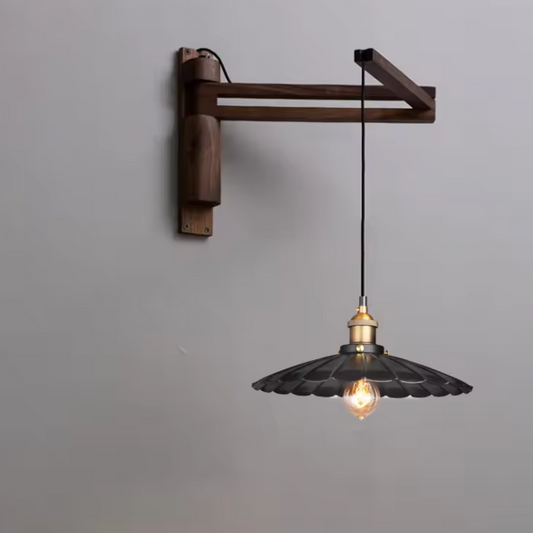 Classic vintage-style wood swing arm wall fixture with retro pleated metal shade for timeless home decor
