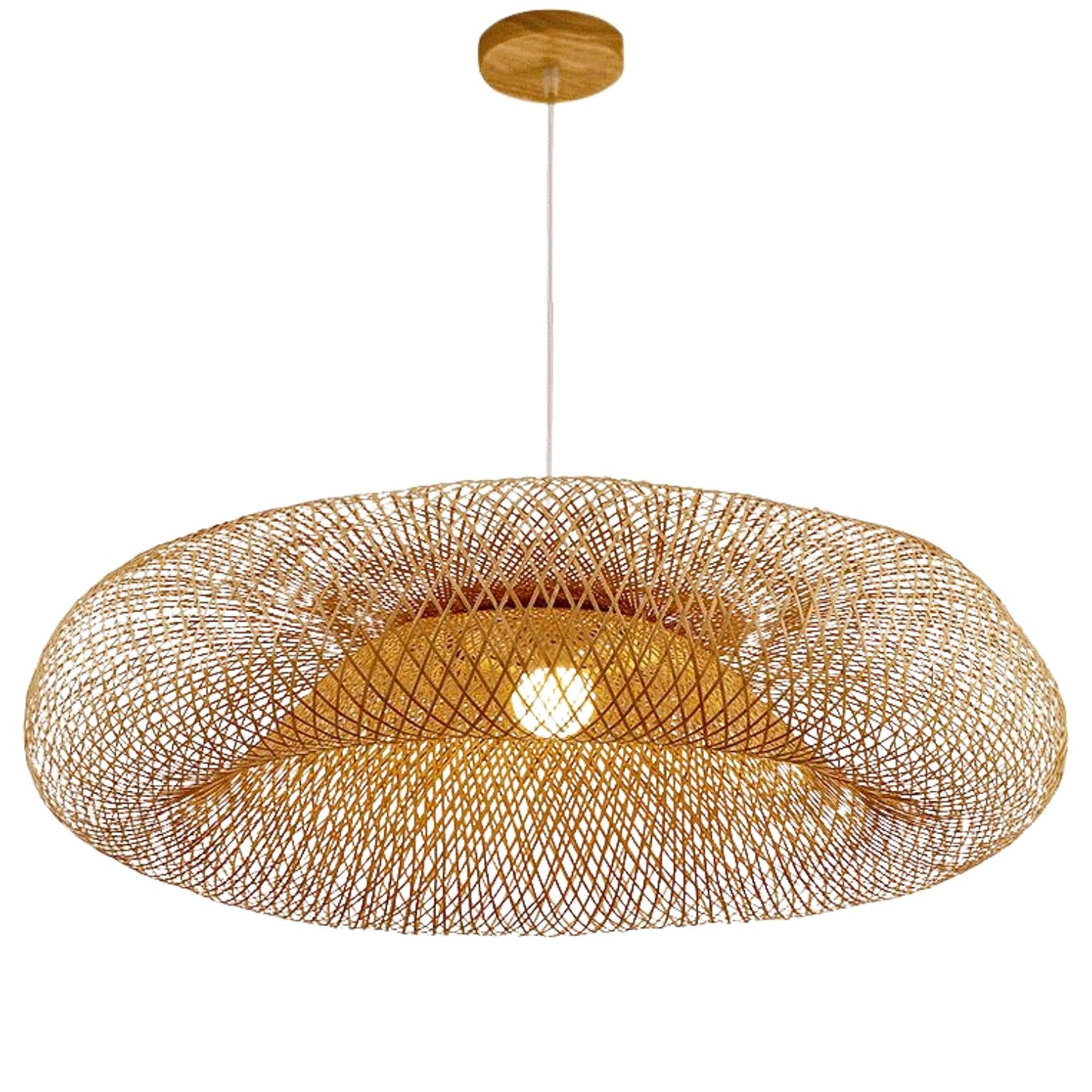 Minimalist Wabi-Sabi bamboo hanging lamp with a wooden canopy glowing softly against a cream-colored wall.
