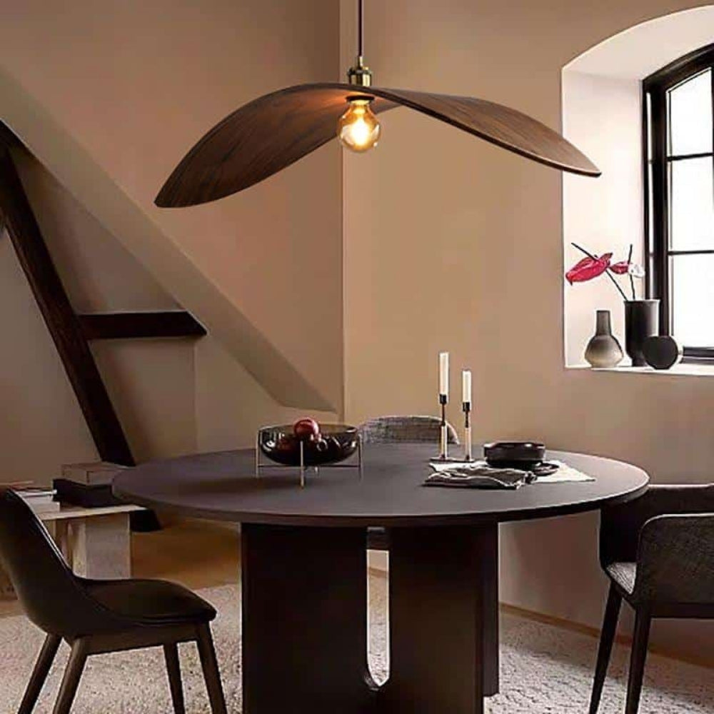 Curved wood pendant light for Wabi-Sabi style modern living space