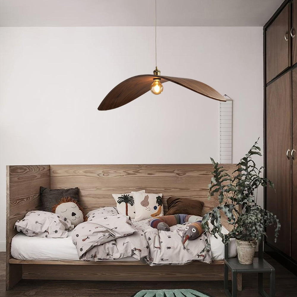 Minimalist curved wooden pendant light with Wabi-Sabi aesthetic