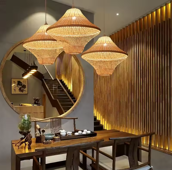 Wabi-Sabi mixed rattan pendant light cluster featuring cone, dome, and bell-shaped handwoven shades
