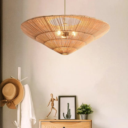 Wabi-sabi aesthetic disk pendant light highlighting the beauty of raw natural fibers.