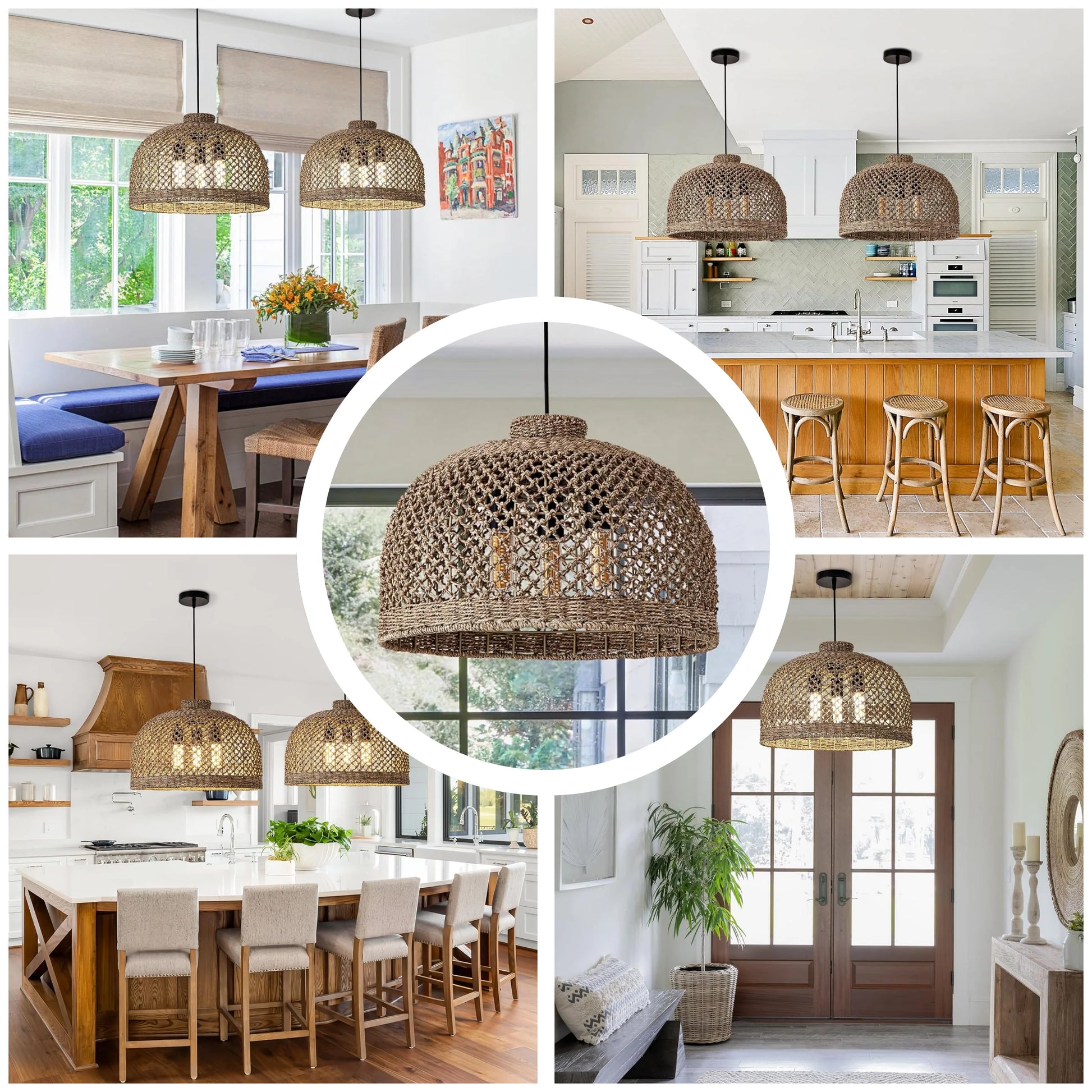 Wabi-sabi aesthetic pendant light made from natural, raw jute fibers in a net weave.