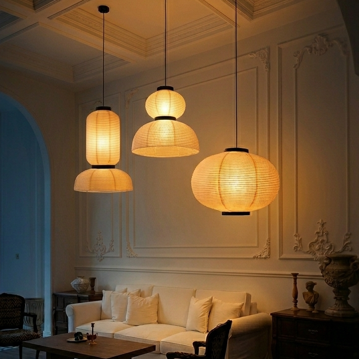 Sculptural paper lantern pendant set as a living room centerpiece