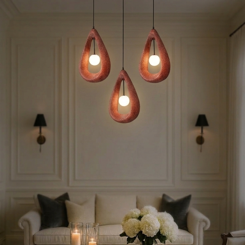 Three white teardrop Wabi-Sabi pendant lights for living room decor