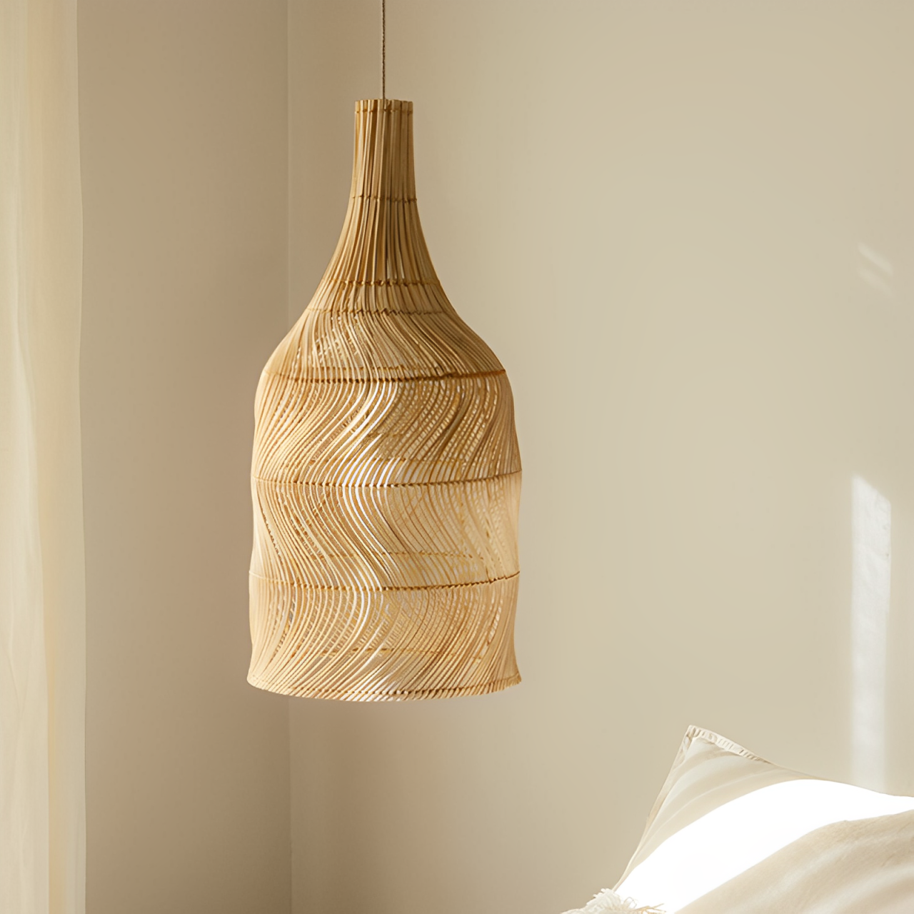 Wabi-sabi style woven bamboo hanging light, embodying the beauty of imperfection for a serene home.