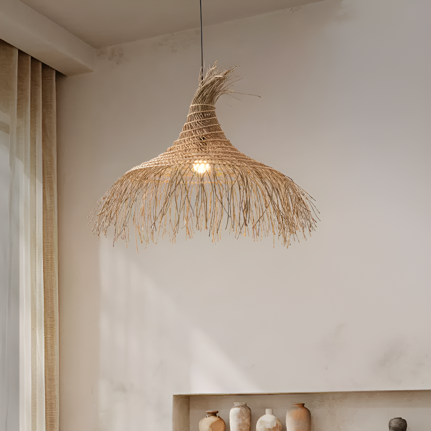 Wabi-sabi style woven fringe hanging light, embodying the beauty of imperfection for a serene home.