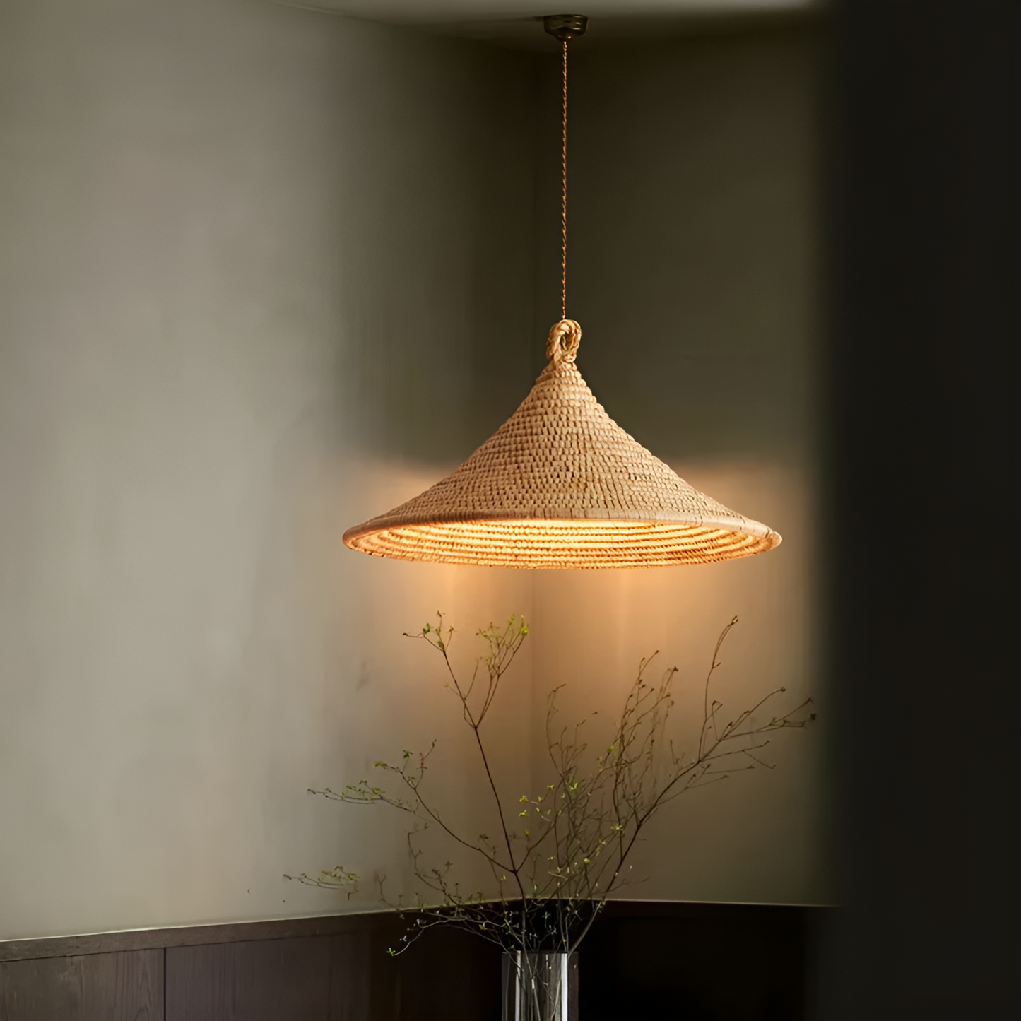 Wabi-sabi style woven jute hanging light, embodying the beauty of imperfection for a serene home.