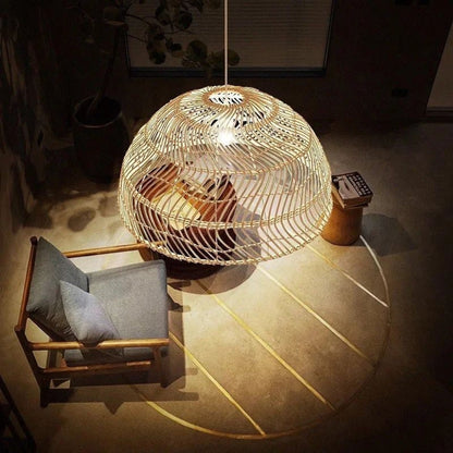 Wabi-Sabi woven rattan hanging fixture highlighting artistic diagonal weave patterns and natural wood tones