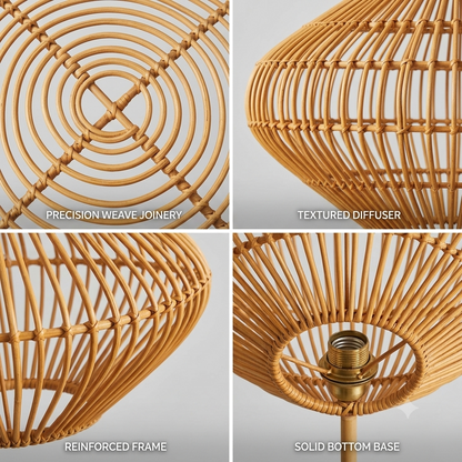 Artistic sculptural dark rattan lamp, captures wabi-sabi beauty for unique interiors.