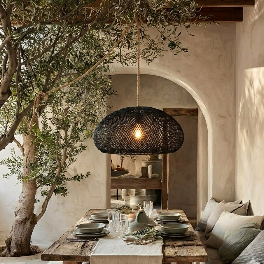 Wabi-sabi artistic wicker lamp, sculptural hanging light for modern decor.