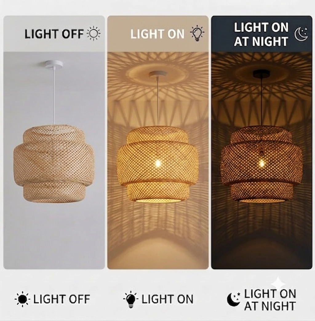 Wabi-sabi artistic bamboo lamp, sculptural hanging light for modern decor.