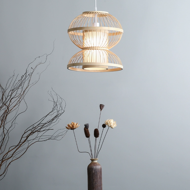 Wabi-sabi artistic bamboo lamp, sculptural hanging light for modern decor.
