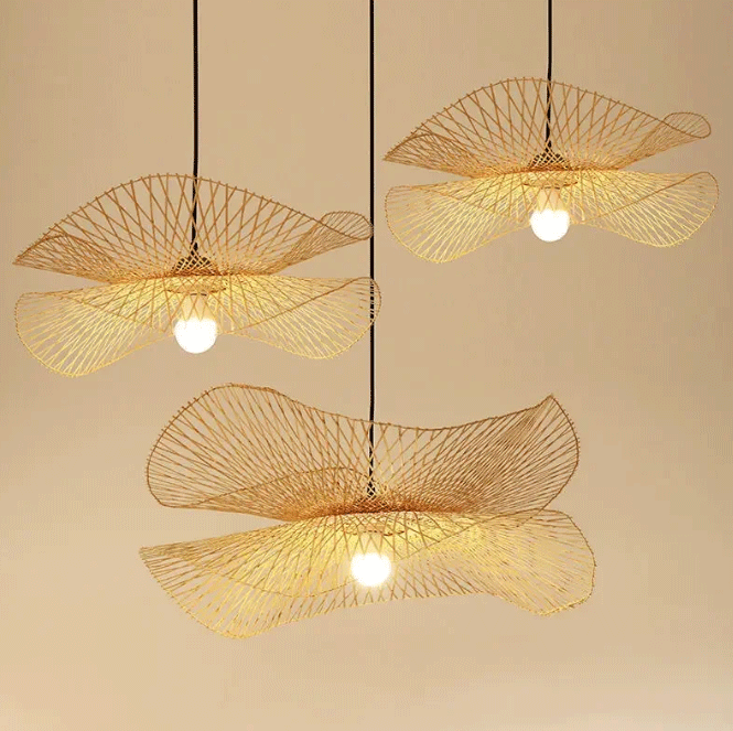 Artisanal wabi-sabi woven bamboo bloom light