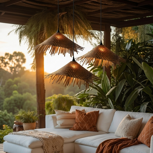 Wabi Sabi, Bohemian , Tropical bamboo weave conical pendant, featuring a refined pattern for a structured, natural look.