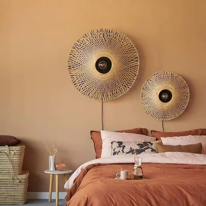 Wall lamp in Bohemian style, crafted from Rattan, ideal for Bedroom bedside decor, providing ambient and accent lighting.
