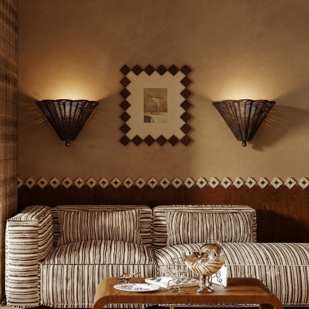 Wall sconce in modern rattan style, ideal for living room decor, providing ambient and accent lighting.