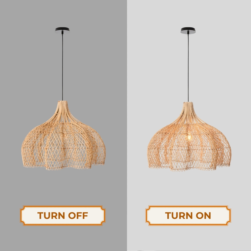 A cozy amber light wicker wave lamp radiating a soft golden mist through its beautifully spaced reed grid rows.
