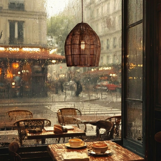 Warm rattan light creating a comfortable, focused lighting atmosphere for a quiet coffe