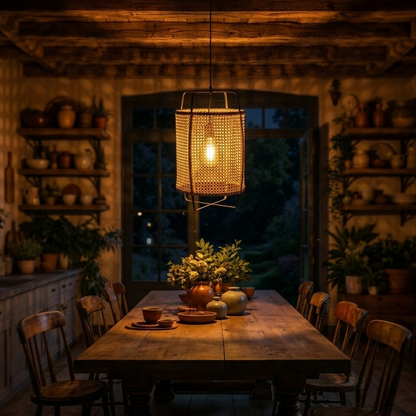 Warm woven light for dining room to highlight artisanal detail in eating spaces