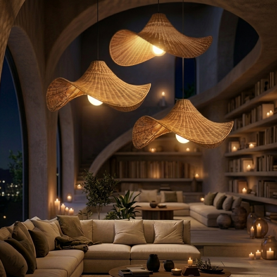 Wave rattan pendant light serving as a focal point in a cozy, modern living room.
