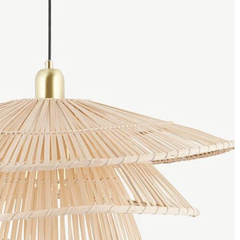  Multi-layer wicker ceiling fixture with a wooden canopy accent mounted on a textured ceiling.