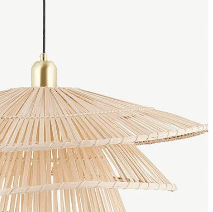  Multi-layer wicker ceiling fixture with a wooden canopy accent mounted on a textured ceiling.
