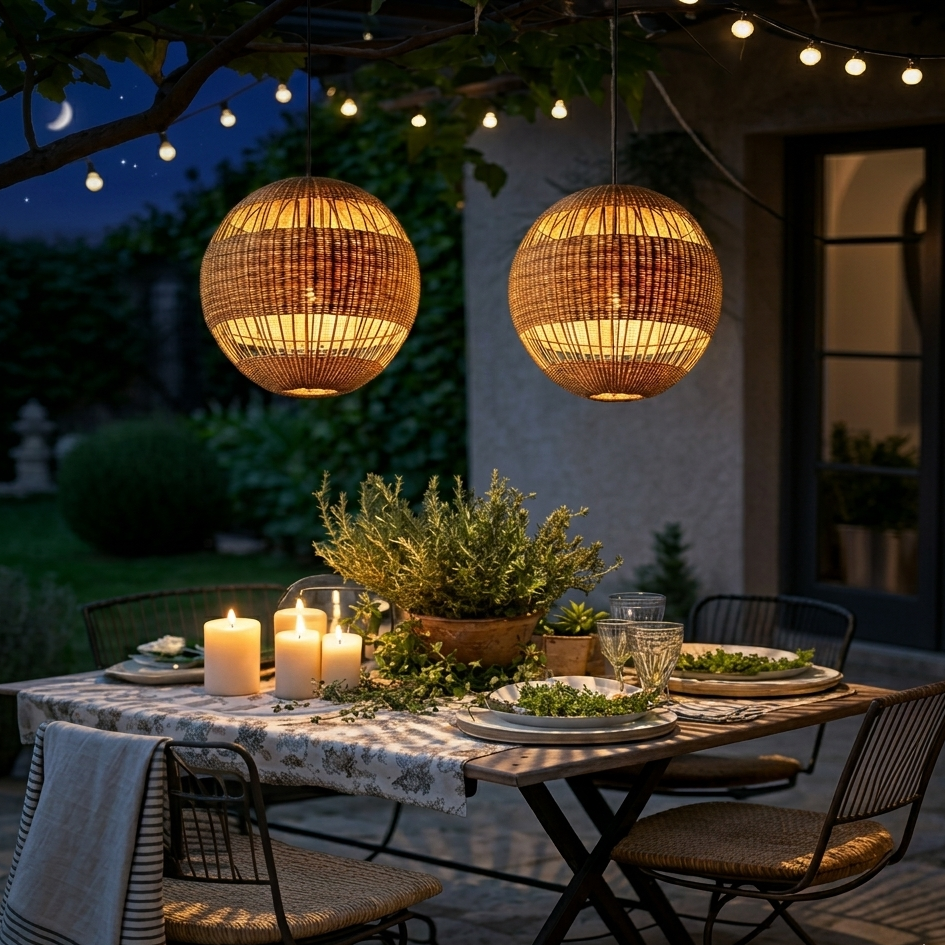 Weathered bamboo light suitable for covered garden patios, adding organic charm to outdoor living.