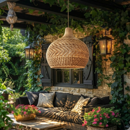 Natural rattan woven hanging lamp for an inviting garden terrace or porch