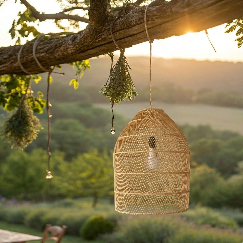 Weathered rattan light suitable for covered garden patios, adding organic charm to outdoor living spaces.