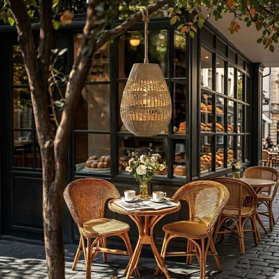 Weathered rattan light suitable for covered garden patios, adding organic charm to outdoor Restaurant and Coffe spaces.