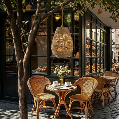Weathered rattan light suitable for covered garden patios, adding organic charm to outdoor Restaurant and Coffe spaces.