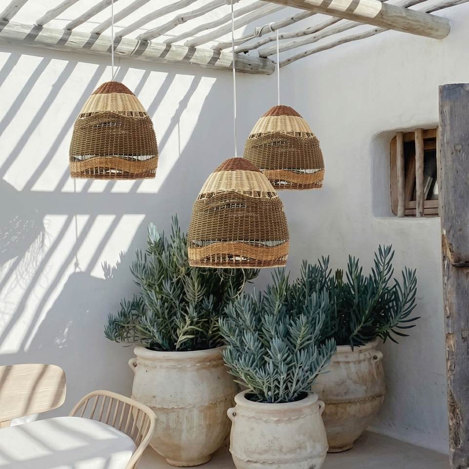 Weathered wicker light suitable for covered garden patios, adding organic charm to outdoor living.
