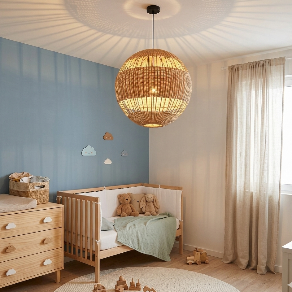 Whimsical bamboo sphere pendant light designed for a child's bedroom or playroom, adding a soft, natural, and safe lighting touch to their space.