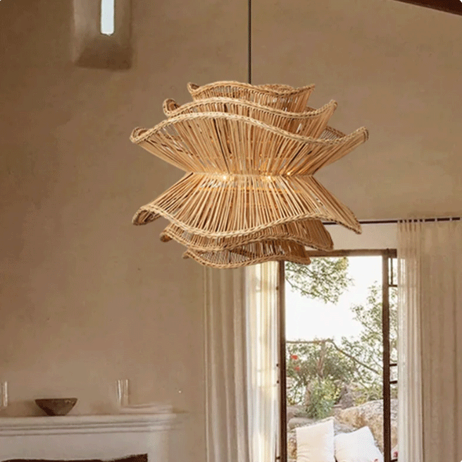 Layered flower-shaped rattan pendant light, natural woven wavy hanging ceiling lamp for boho home deco