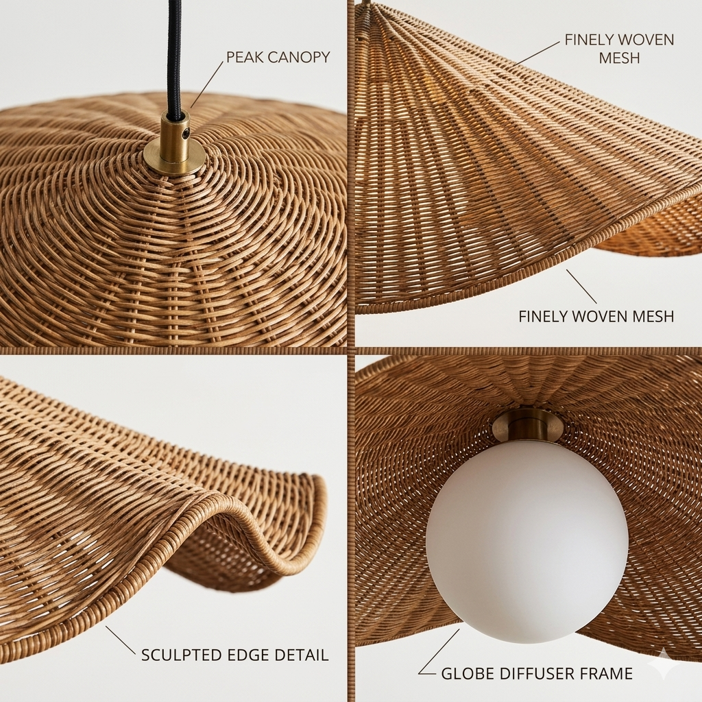 Cozy wicker and glass pendant light installed in a living room, creating a warm and grounded ambiance.