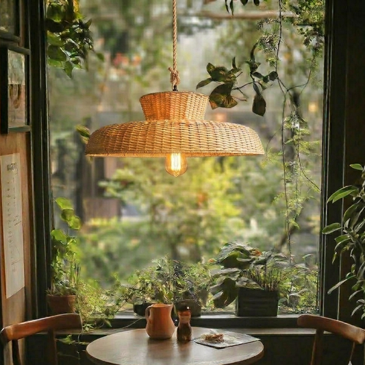 A large, stylish wide bamboo pendant light centered above a dining room table for a natural look.