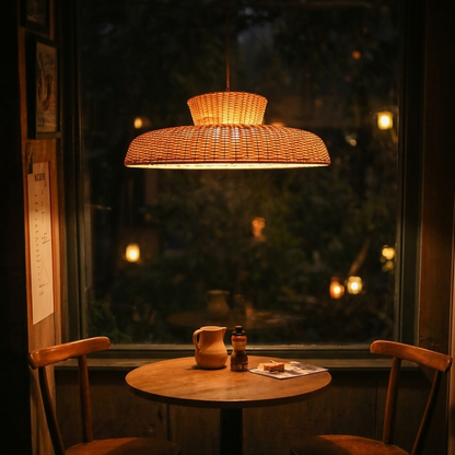 Decorative wide woven pendant lighting creating a warm, inviting glow in a commercial restaurant space.