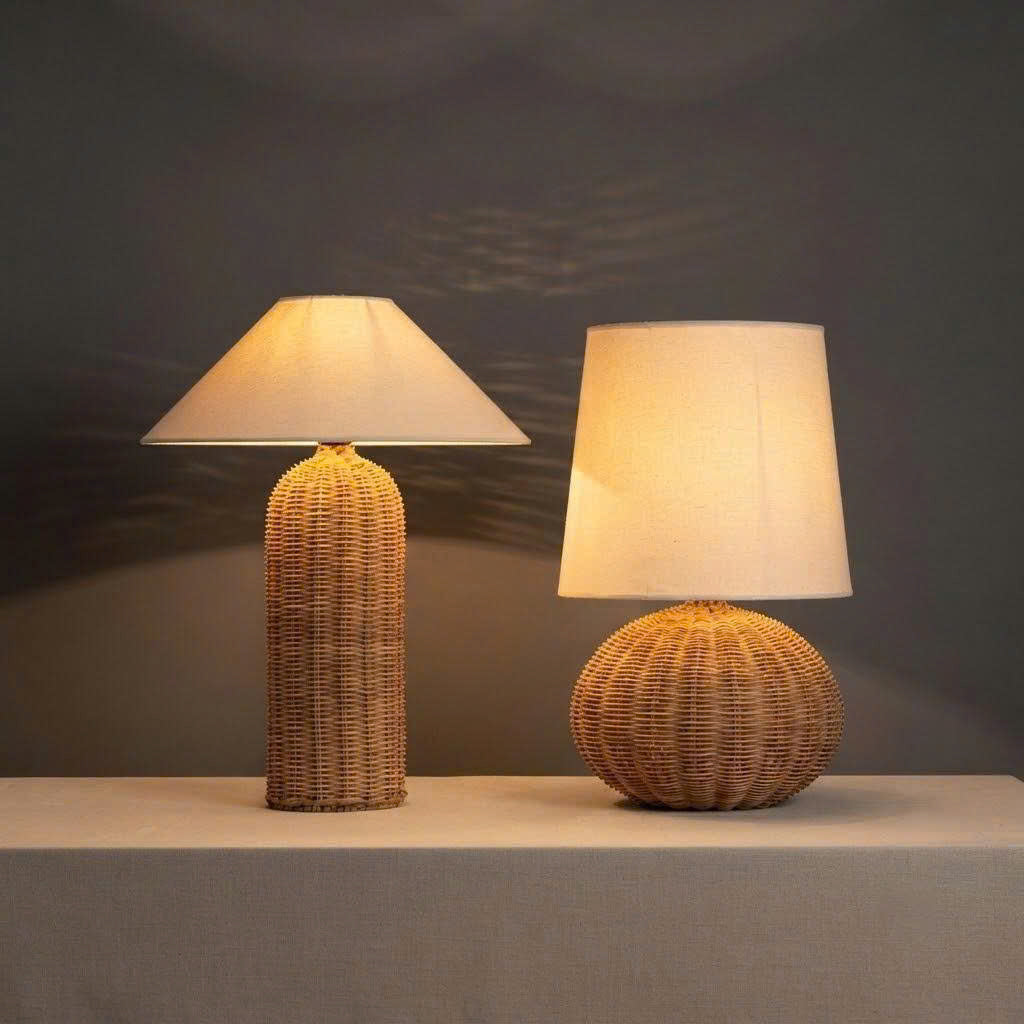 Natural woven rattan and fabric shade bedside lamp delivering soft, relaxing ambient illumination for master bedrooms.