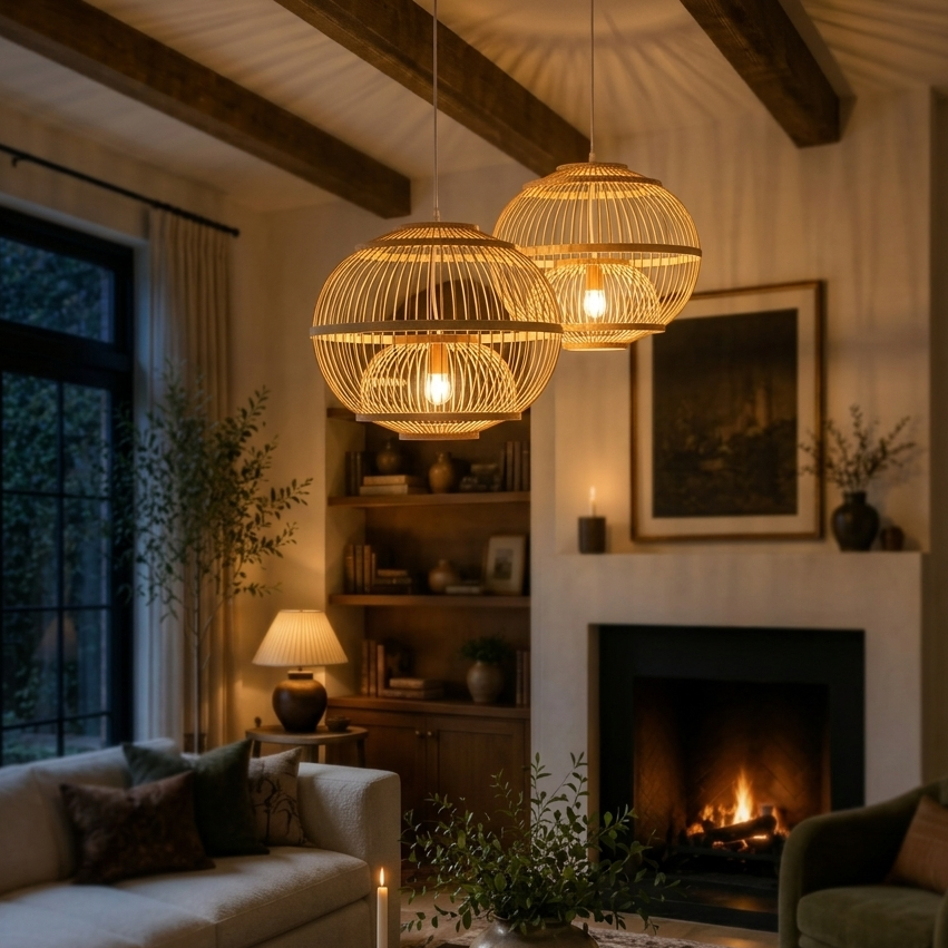 Natural woven bamboo globe pendant light adding a cozy and zen touch to living room decor
