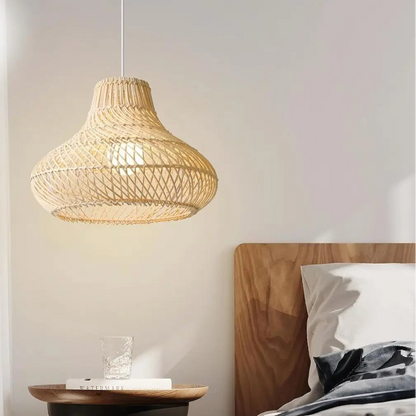 Soft ambient woven hanging lamp installed to create a calm, cozy atmosphere in a bedroom.