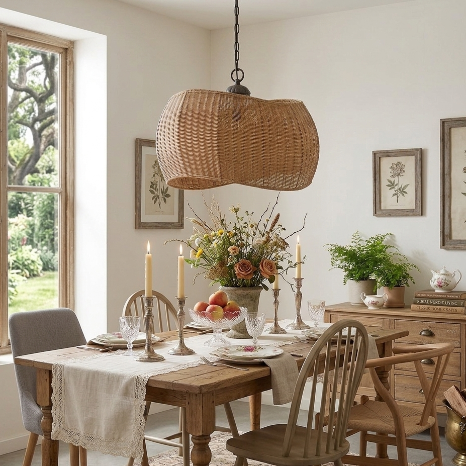Woven island lighting fixture adding rustic elegance to open kitchen and dining spaces