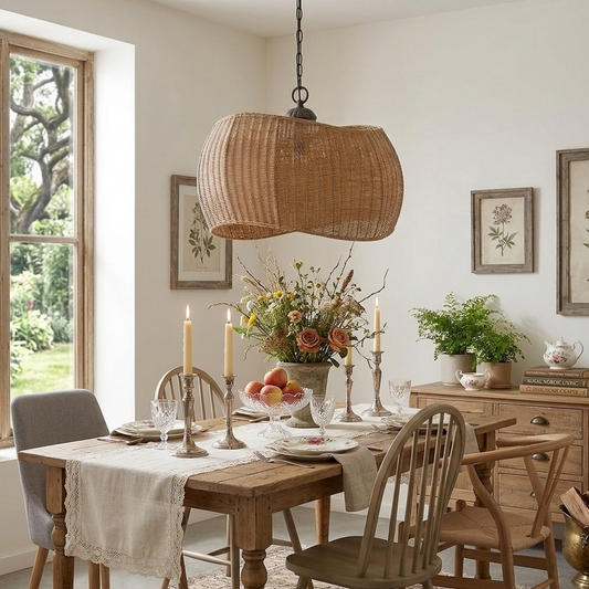 Woven island lighting fixture adding rustic elegance to open kitchen and dining spaces