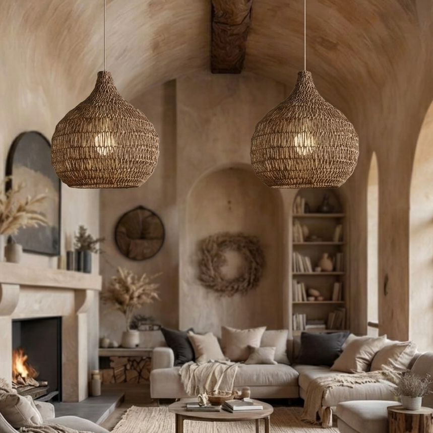 Natural woven seagrass bell pendant light creating a warm and inviting atmosphere in the living room