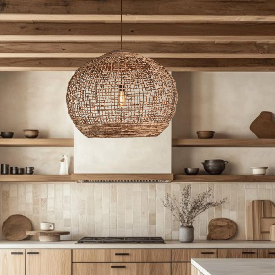 Modern organic woven rattan dome pendant light illuminating a kitchen island workspace