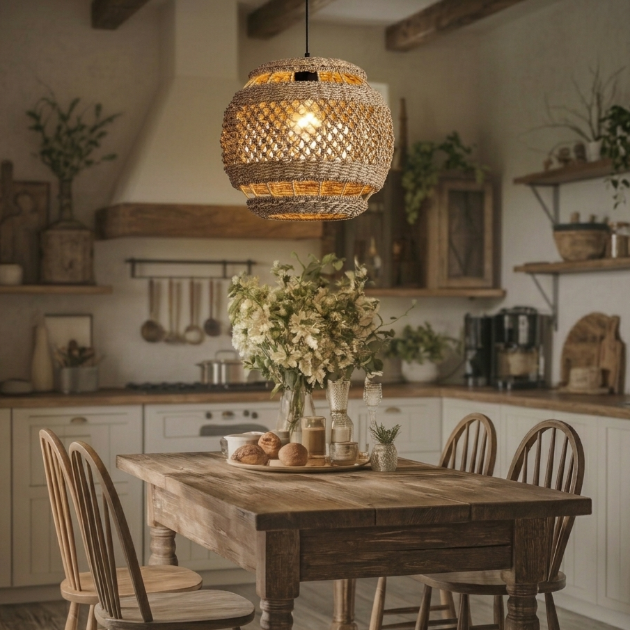 Artistic woven seagrass pendant light creating a cozy and intimate atmosphere over dining tables