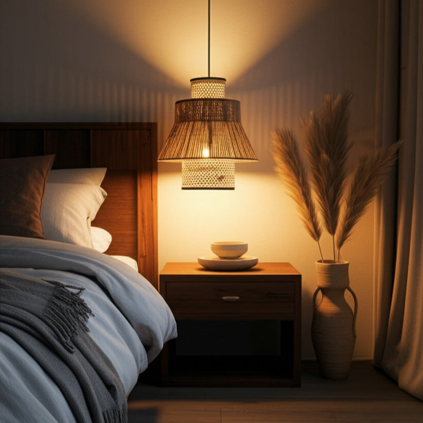 Zen inspired jute and rattan bedroom light for a serene rest area