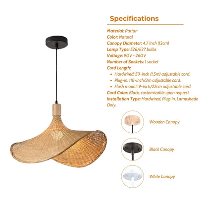 Zen inspired woven reed pendant light filtering light gently through its woven slats for a peaceful home environment