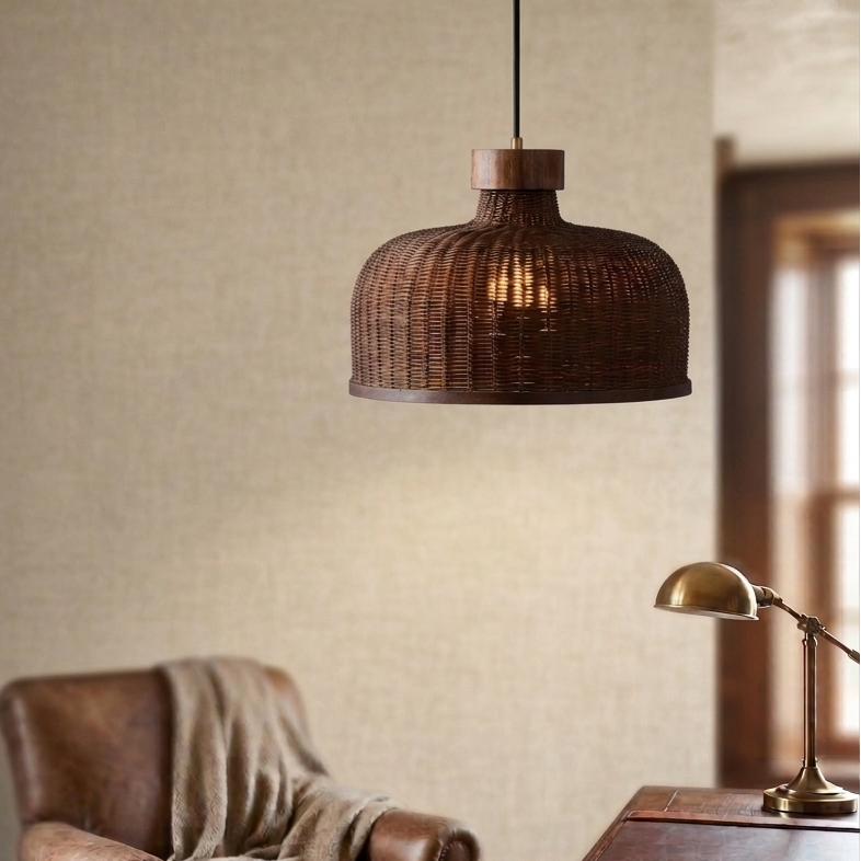 Minimalist wicker dome light in a dark walnut finish, casting a focused, glare-free downward glow ideal for a quiet home office or study desk.