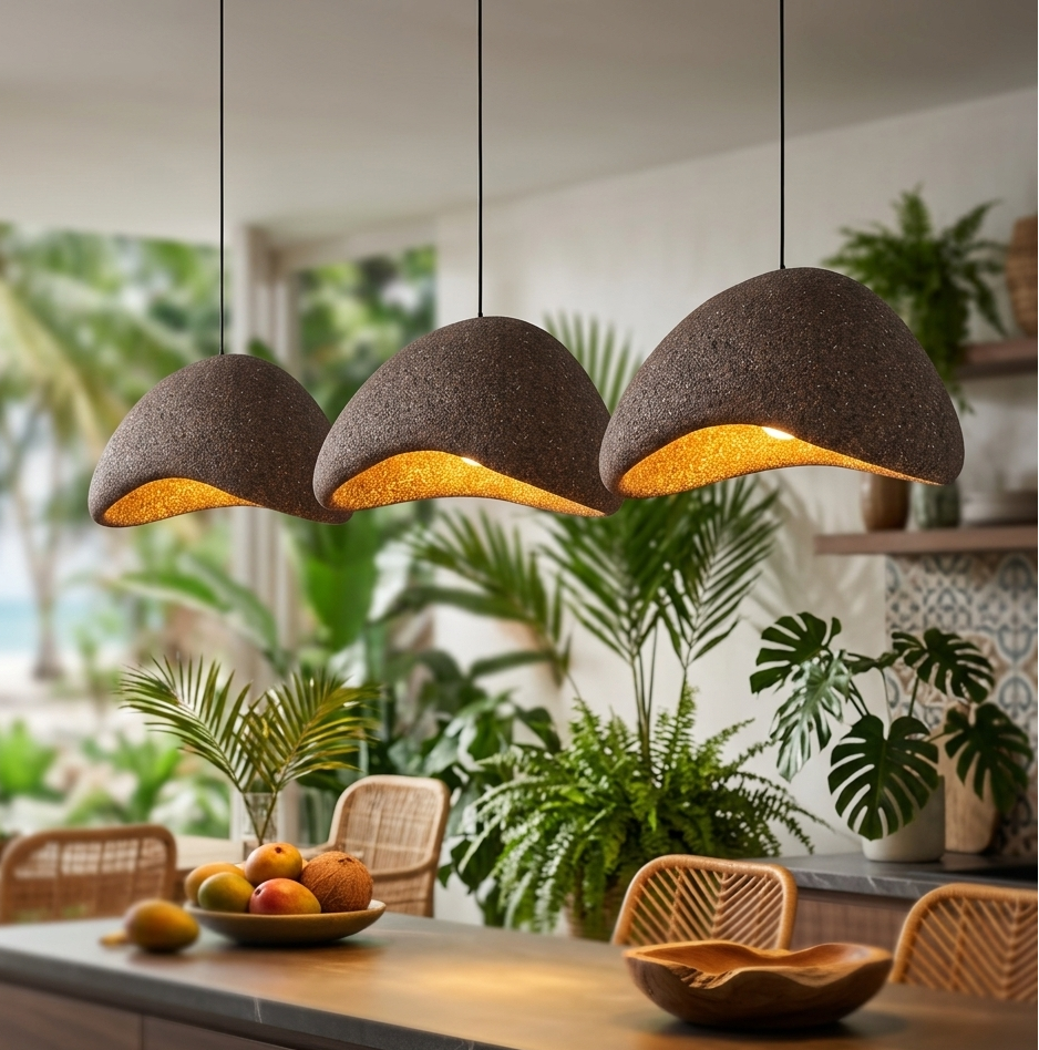 Zen-inspired organic rock-shaped hanging light with warm interior glow